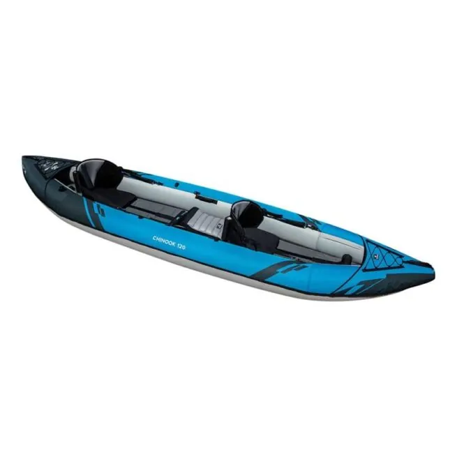 Aquaglide Chinook 120 inflatable kayak side view in blue.