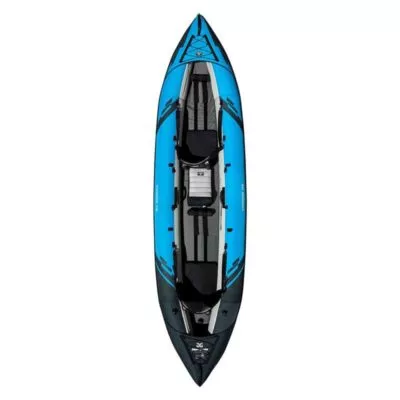 Aquaglide Chinook 120 inflatable kayak deck view in blue.
