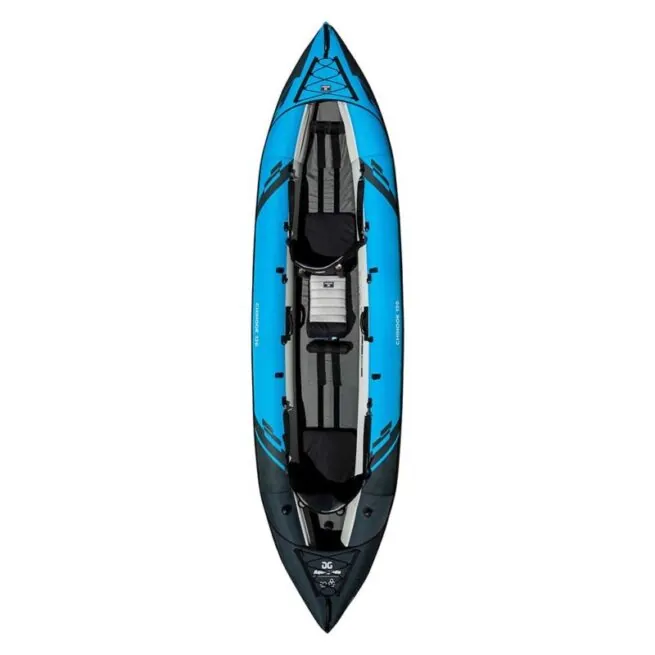 Aquaglide Chinook 120 inflatable kayak deck view in blue.