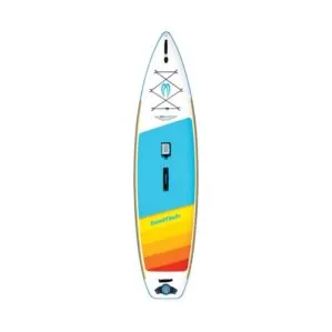 Badfish SUP Flyweight deck view with light blue, yellow and orange deck pad.