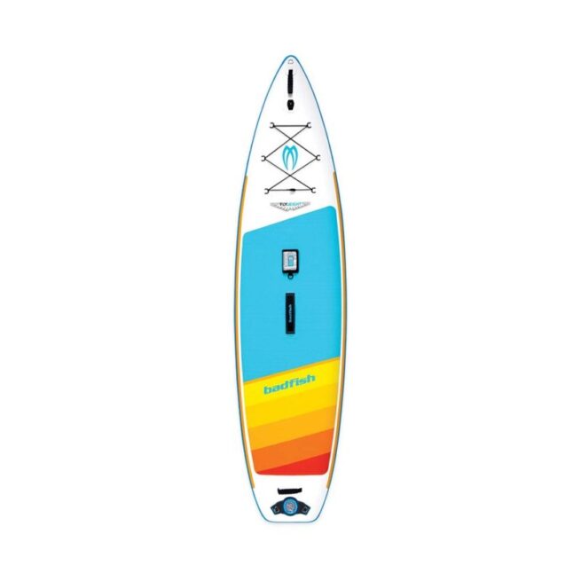 Badfish SUP Flyweight deck view with light blue, yellow and orange deck pad.