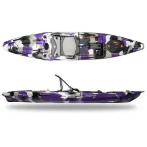 The Moken 12.5 V2 fishing kayak in purple camo top and side view. Available at Riverbound Sports in Tempe, Arizona.