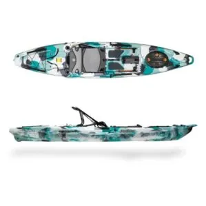 The Moken 12.5 V2 fishing kayak in seafoam camo top and side view. Available at Riverbound Sports in Tempe, Arizona.