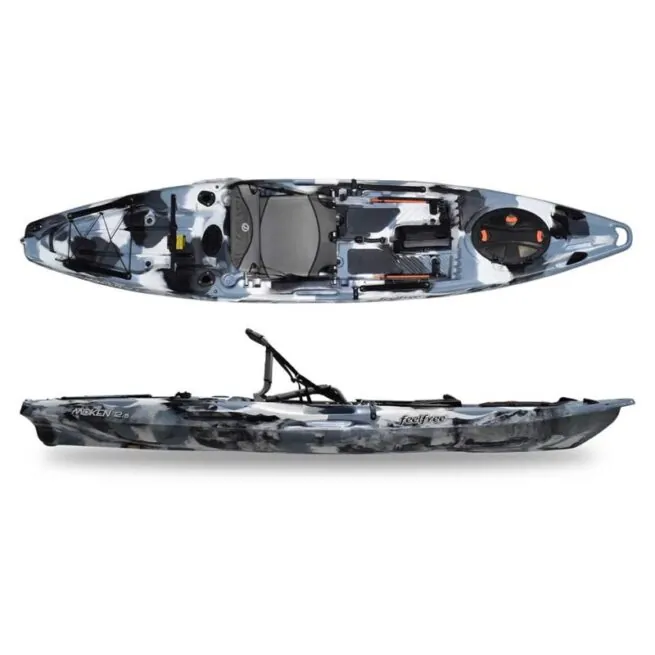 Feelfree Moken V2 12.5 fishing kayak side and top view in winter camo.