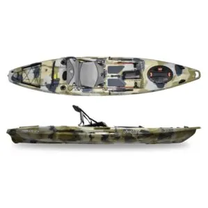 Feelfree Moken V2 12.5 fishing kayak side and top view in desert camo.