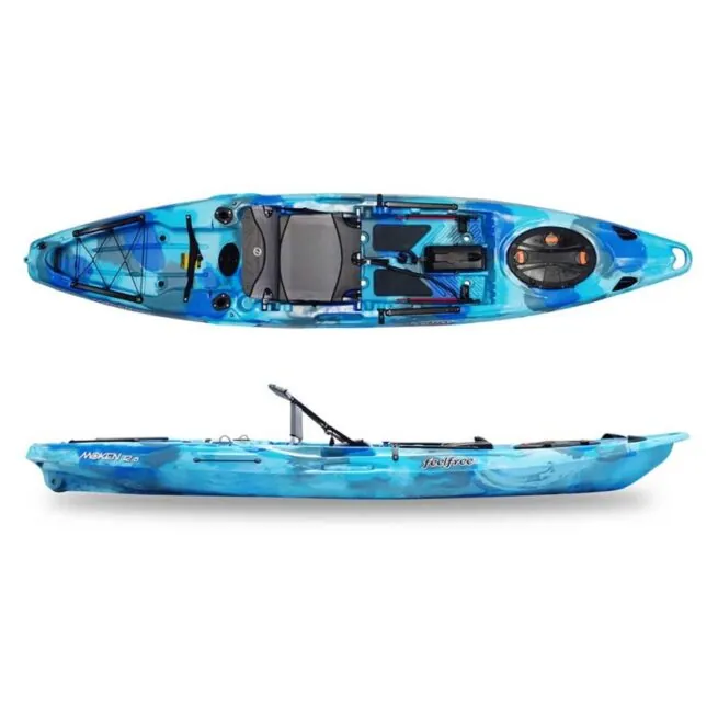 Feelfree Moken V2 12.5 fishing kayak side and top view in ocean camo.