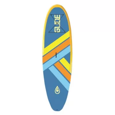 Glide SUP Retro composite paddle board. Base color is yellow with full deck pad in blue, orange and yellow.