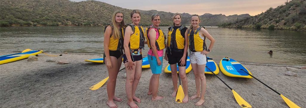 Paddle boarding lessons at Saguaro Lake in Arizona. Lessons available by Riverbound SPorts.
