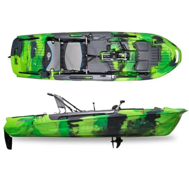 3 Waters kayaks 108 fishing kayak in green flash side and top. Available at Riverbound Sports in Tempe, Arizona.