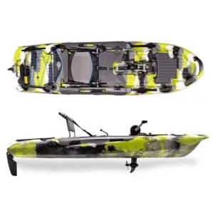The 3 Waters Big Fish 103 in Lime Camo color. Top and side view.
