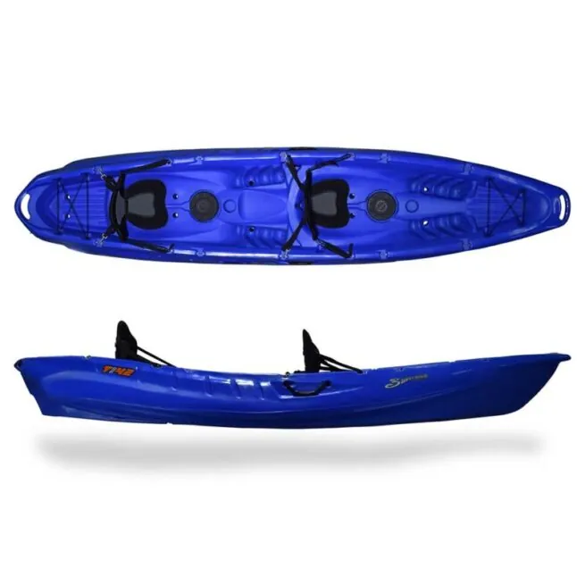 3 Waters kayaks T42 in blue at a top and side angle.