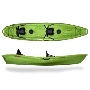 3 Waters kayaks T42 in lime at a top and side angle.