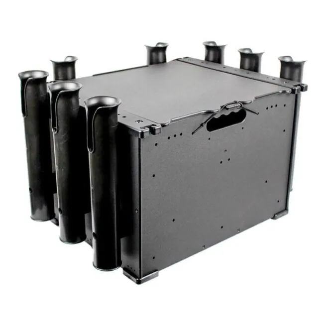 YakAttack BlackPak Kayak Fishing Crate in black with 8 fishing rod holders.