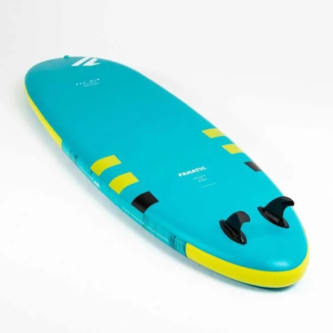 Bottom view of the Fanatic SUP Pocket Air bottom side. Teal and yellow.