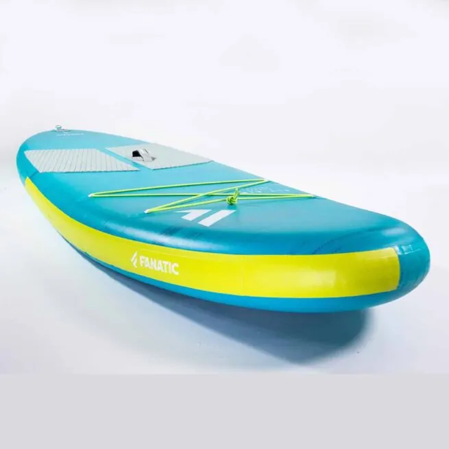 Fanatic SUP Pocket 10'4" deck. Teal and yellow colors.