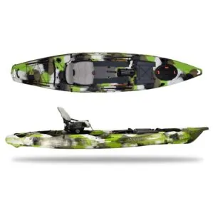 The Feelfree Lure 13.5 in Lime Camo top and side view.