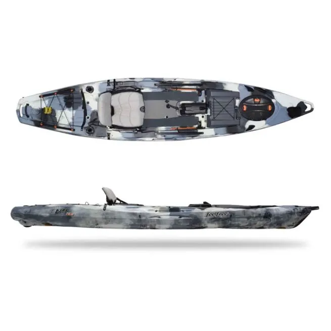 The Feelfree Lure 13.5 in Winter Camo top and side view.