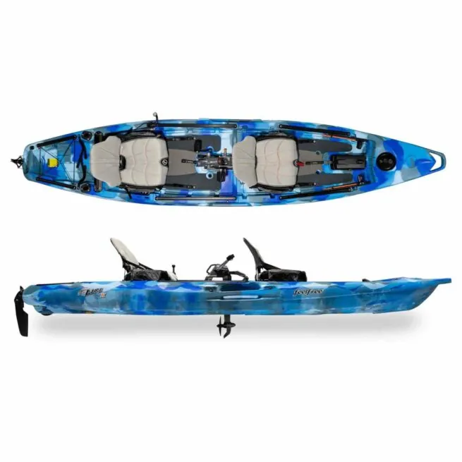 Feelfree Lure II Tandem kayak in Ocean blue color top and side view. Riverbound Sports is an Authorized Feelfree Kayak Dealer in Tempe, Arizona.