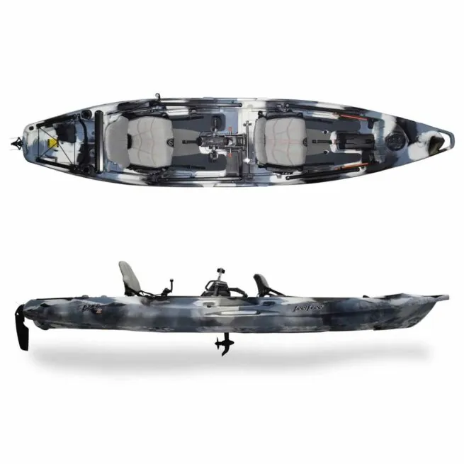 Feelfree Lure II Tandem kayak in winter camo color top and side view. Riverbound Sports is an Authorized Feelfree Kayak Dealer in Tempe, Arizona.