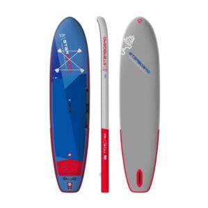 The Starboard SUP 11'2" iGo inflable deluxe single chamber top, side and bottom view. Available at Riverbound Sports in Tempe, Arizona.