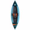 Tahe inflatable single person kayak in blue and orange detail from top view.