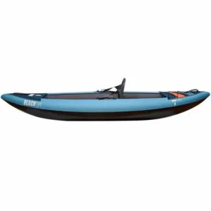 Tahe inflatable single person kayak in blue and orange detail from side view.