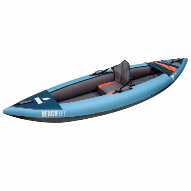Tahe inflatable single person kayak in blue and orange detail from angled side view.