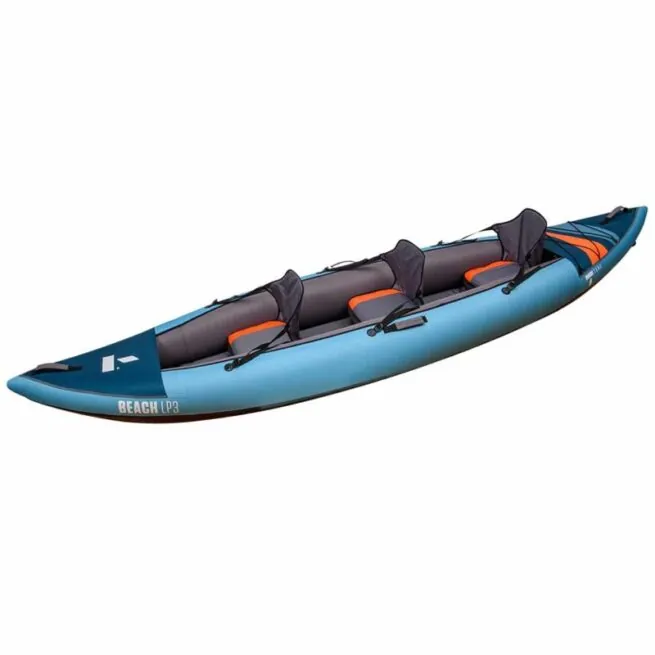 Tahe inflatable 1 to 3 person kayak in blue and orange detail from angled side view.