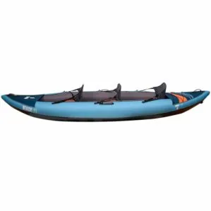 Tahe inflatable 1 to 3 person kayak in blue and orange detail from side view.