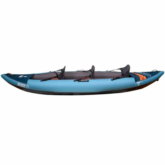 Tahe inflatable 1 to 3 person kayak in blue and orange detail from side view.