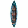 Tahe inflatable 1 to 3 person kayak in blue and orange detail from top view.