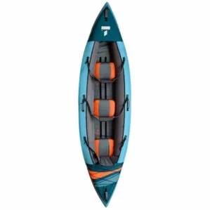 Tahe inflatable 1 to 3 person kayak in blue and orange detail from top view.