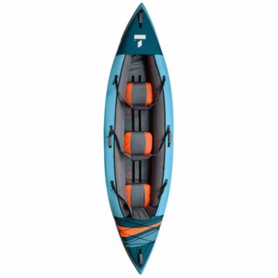 Tahe inflatable 1 to 3 person kayak in blue and orange detail from top view.