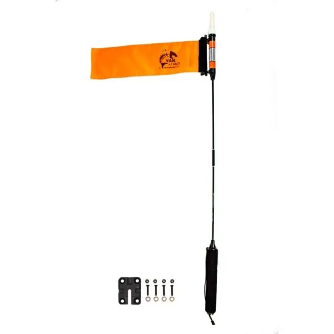 YakAttack VisiCrbon Pro with mounting hardware. Orange flag on carbon mast with lighted top.