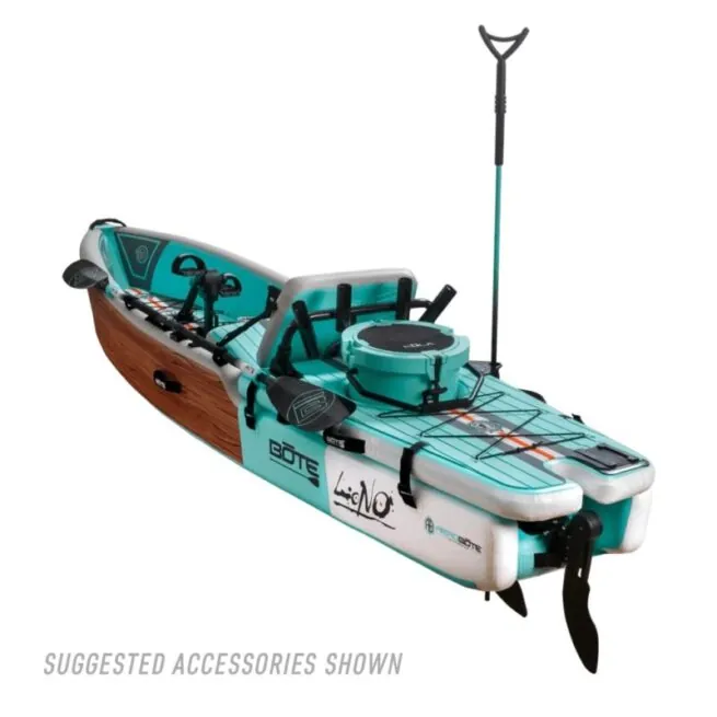 BOTE LONO inflatable kayak in classic color showing a rear view with accessories and optional APEX pedal drive.