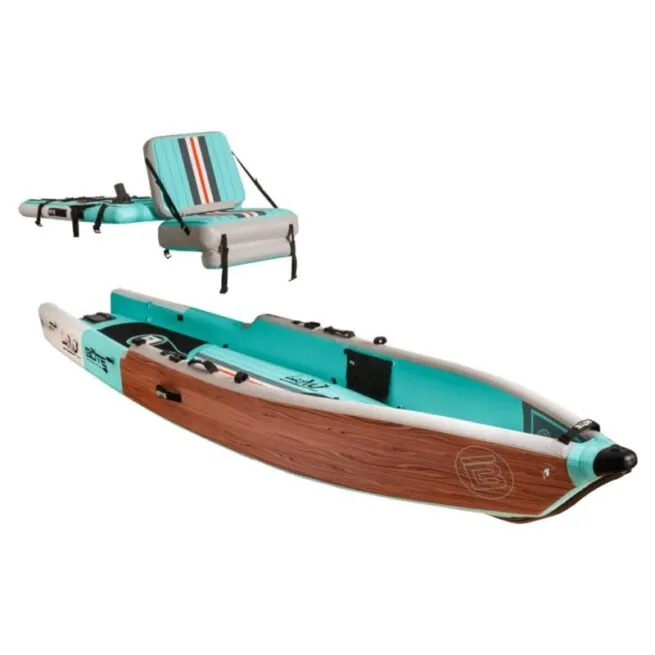 BOTE LONO inflatable kayak in classic color showing a top, side angle view with seat and removable top..