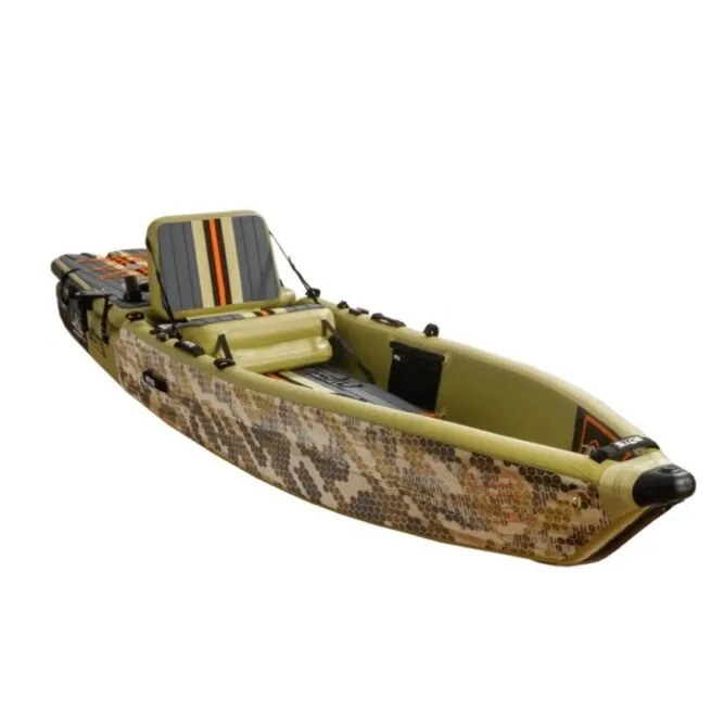 BOTE LONO inflatable kayak in verge camo color showing a top, side angle view.