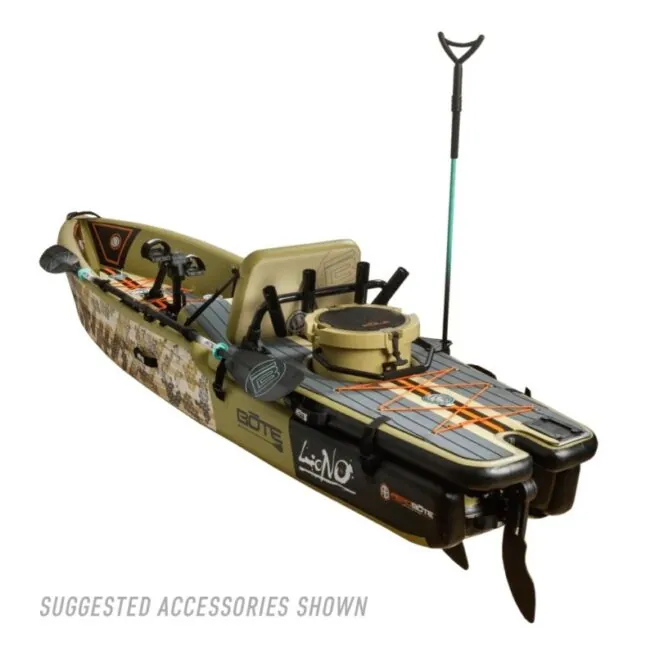 BOTE LONO inflatable kayak in verge camo color showing a rear view with accessories and optional APEX pedal drive.