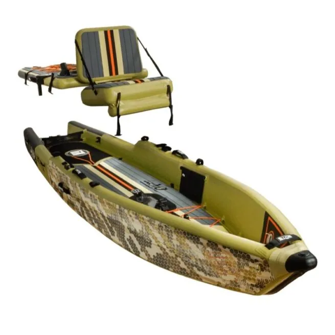 BOTE LONO inflatable kayak in verge camo color showing a top, side angle view with seat and removable top..