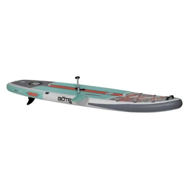 Side view of the Bote Breeze 10'8" Inflatable SUP package in native floral jaws color.