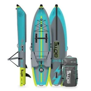 The Citron Bote DEUS inflatable kayak multi view side,front, and bottom with travel bag. Available at Riverbound Sports in Tempe, Arizona.