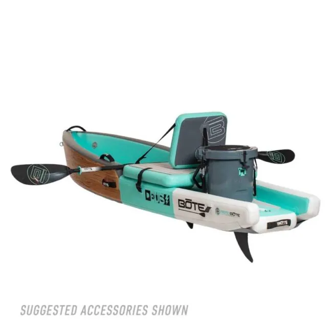 The Classic Bote DEUS inflatable kayak bac view with sit on top seat and optional equipment. Includes Bote kayak paddle. Available at Riverbound Sports in Tempe, Arizona.