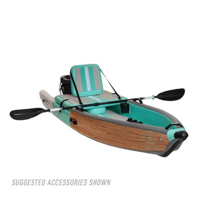 The Classic Bote DEUS inflatable kayak front view with sit on top seat and optional equipment. Includes Bote kayak paddle. Available at Riverbound Sports in Tempe, Arizona.