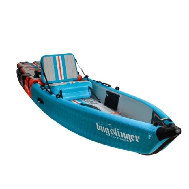 BOTE LONO inflatable kayak in bug slinger color showing a top, side angle view.