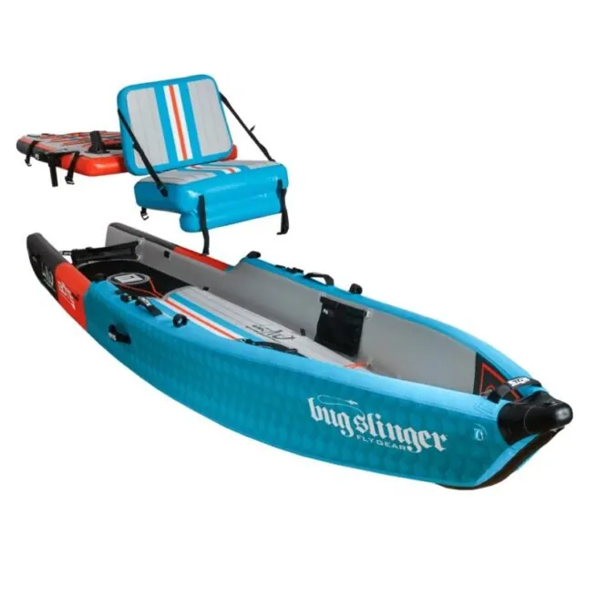 BOTE LONO inflatable kayak in bug slinger color showing a top, side angle view with seat and removable top..