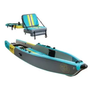 BOTE LONO inflatable kayak in native citron color showing a top, side angle view with seat and removable top..