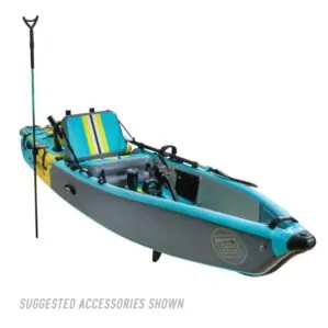 BOTE LONO inflatable kayak in native citron color showing a top, side angle view with accessories and optional APEX pedal drive.