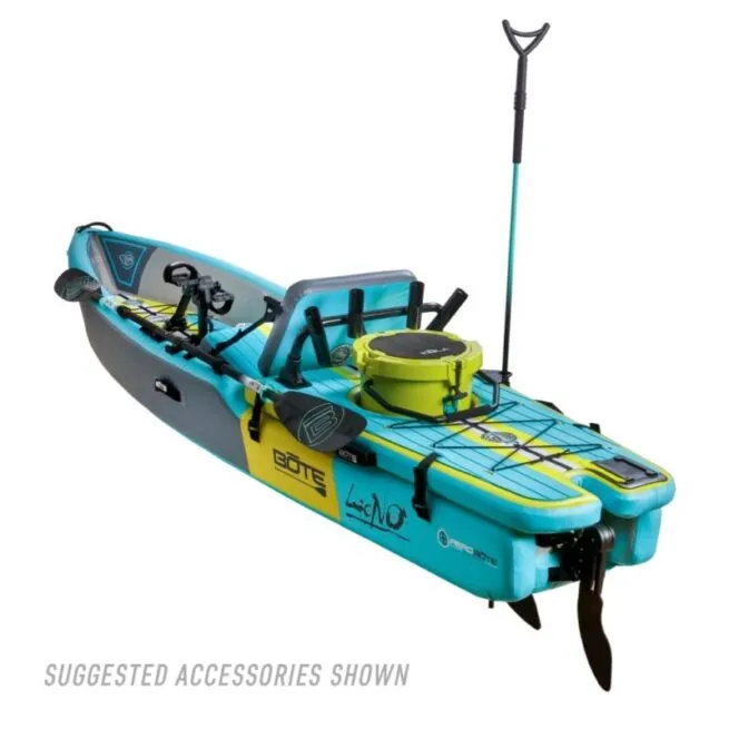BOTE LONO inflatable kayak in native citron color showing a rear view with accessories and optional APEX pedal drive.