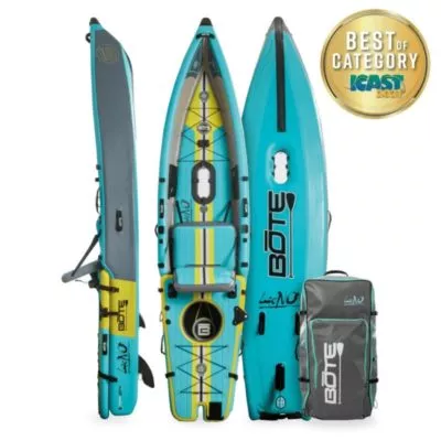 The BOTE LONO inflatable kayak in native citron color. Showing three sides of the kayak, travel bag and icast best in category award logo.