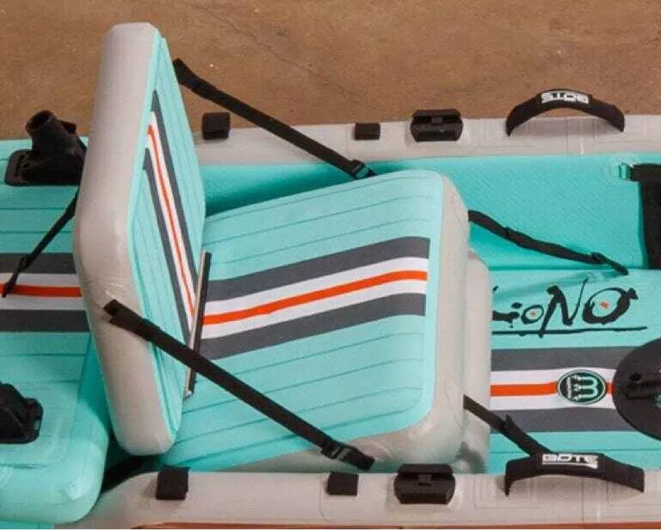 The Bote inflatable seat in seafoam and red, white and black strips.